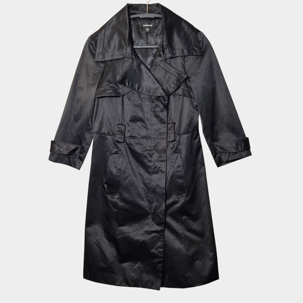 bebe Satin Button Up Trench Coat Jacket M‎ Black y2k Classic Outerwear NWOT
